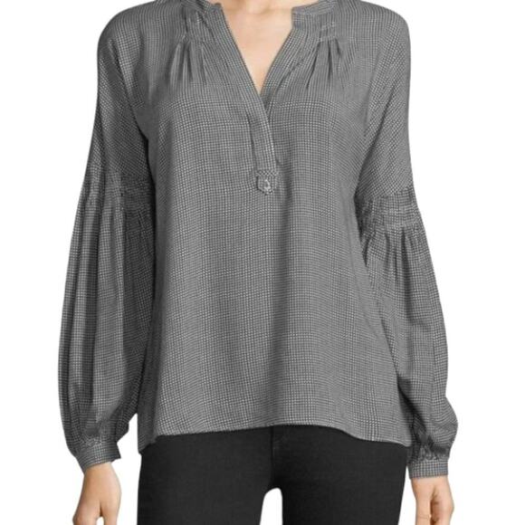 Joie Black White Azbeth Mini Star Puff Sleeve Linen V-Neck Linen Blouse Size XS - Picture 1 of 8